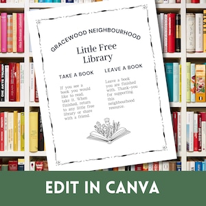 Bewerkbare sjabloon voor Little Free Library-bord voor canva; Personaliseer deze sjabloon voor kleine gratis bibliotheek-instructies voor gebruik