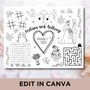 Plantilla editable de mantel individual para colorear de boda para Canva; tapete de actividades personalizado para despedidas de soltera o bodas, tamaños carta (EE. UU.) y A4.
