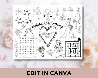 May include: A black and white printable wedding activity sheet with a word search, maze, and other wedding-themed illustrations. The text on the sheet reads "Melissa and Anthony, October 1, 2025".