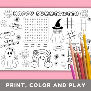 May include: A black and white printable activity sheet with the words "HAPPY SUMMERWEEN" and "LET'S BOOO-GIE!". Includes a word search, tic-tac-toe, a maze, and Halloween-themed illustrations like ghosts, flowers, and a rainbow.