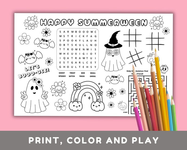 May include: A black and white printable activity sheet with the words "HAPPY SUMMERWEEN" and "LET'S BOOO-GIE!". Includes a word search, tic-tac-toe, a maze, and Halloween-themed illustrations like ghosts, flowers, and a rainbow.