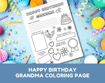 Joyeux anniversaire grand-mère à colorier PDF imprimable / carte d'anniversaire grand-mère
