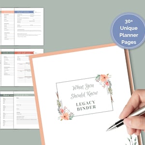 Può includere: Un planner bianco con un design floreale e il testo "What You Should Know Legacy Binder". Il planner è aperto su una pagina vuota con una penna sopra. L'immagine include anche un cerchio blu con il testo "Oltre 30 pagine di planner uniche".