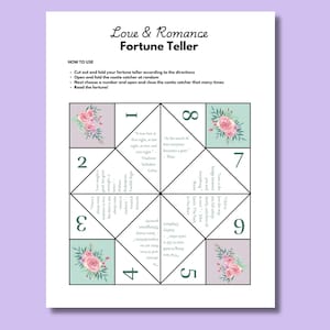 Może przedstawiać: Papierowa wróżka zatytułowana "Love & Romance Fortune Teller". Projekt zawiera geometryczny wzór z liczbami, cytatami i kwiatowymi ilustracjami w kolorze różowym i zielonym na białym tle.