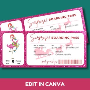 Plantilla de tarjeta de embarque navideña editable para Canva, viaje sorpresa tropical rosa o crucero sorpresa, boleto de avión personalizable