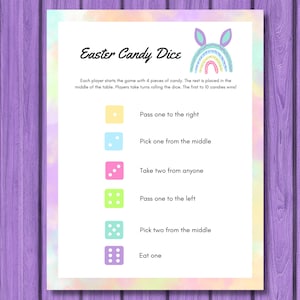 Jogo de download instantâneo Easter Candy Dice, jogo de festa de Páscoa para família, escola e creche, carta dos EUA