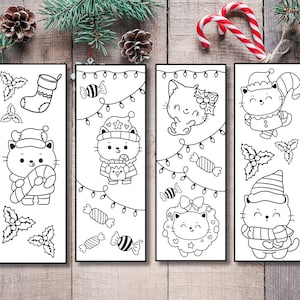 Marcapáginas para colorear de Navidad con gatos acogedores, dibujos kawaii para colorear, descarga instantánea, archivos PDF de tamaño carta y A4