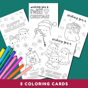 Groovy Ghost Christmas Coloring Cards Pacote de cinco cartas, Kawaii Christmas Coloring, Download instantâneo, Carta dos EUA em PDF
