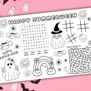 May include: Black and white activity sheet with the text "HAPPY SUMMERWEEN" and "LET'S BOOO-GIE!". Includes a word search, tic-tac-toe, a maze, and various Halloween-themed illustrations such as ghosts, bats, and flowers.