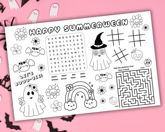 Summerween Coloring Activity Mat for Summer Ween Parties with Groovy Ghosts, Instant Download, A4, US Letter and 11x17 sizes