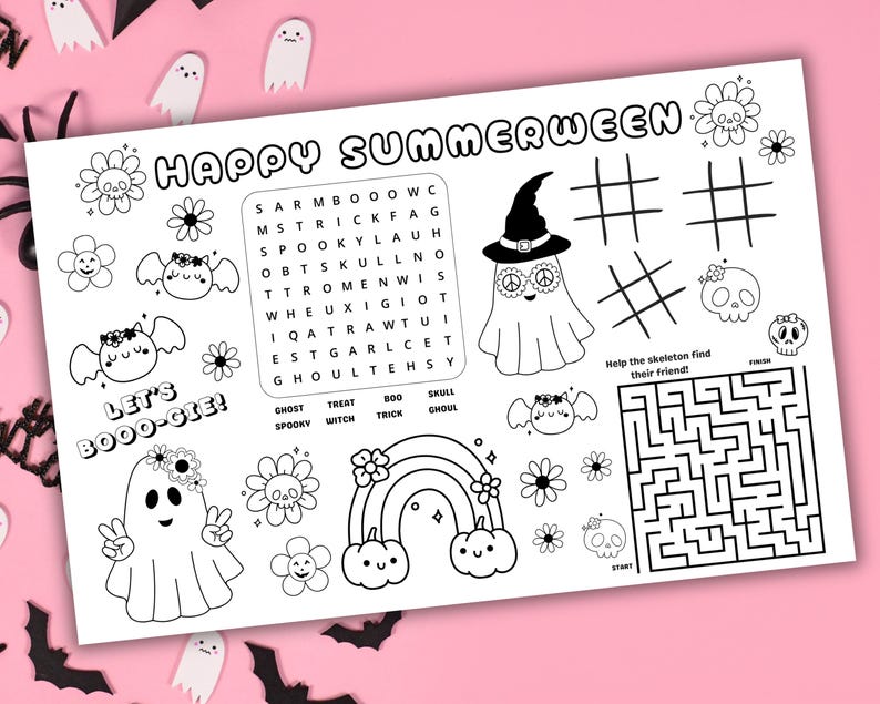 May include: Black and white activity sheet with the text "HAPPY SUMMERWEEN" and "LET'S BOOO-GIE!". Includes a word search, tic-tac-toe, a maze, and various Halloween-themed illustrations such as ghosts, bats, and flowers.
