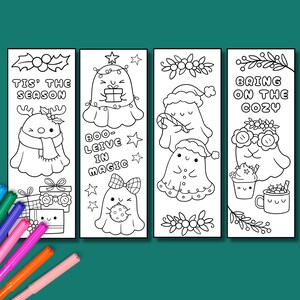 Marcadores de colorir de fantasmas fofos de Natal, colorir kawaii, download instantâneo, PDFs em tamanho carta e A4