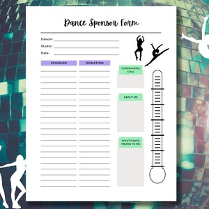 Sponsorship form for dance, Competitive dance team donation tracker form instant download, Sponsor my lessons