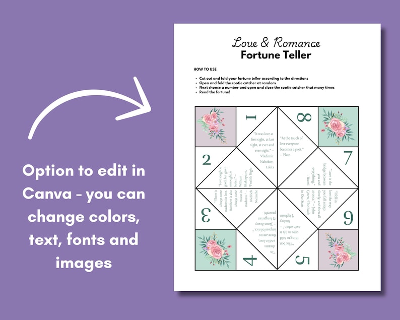 Romance Fortune Teller / Cootie Catcher Editable Canva Template Party ...