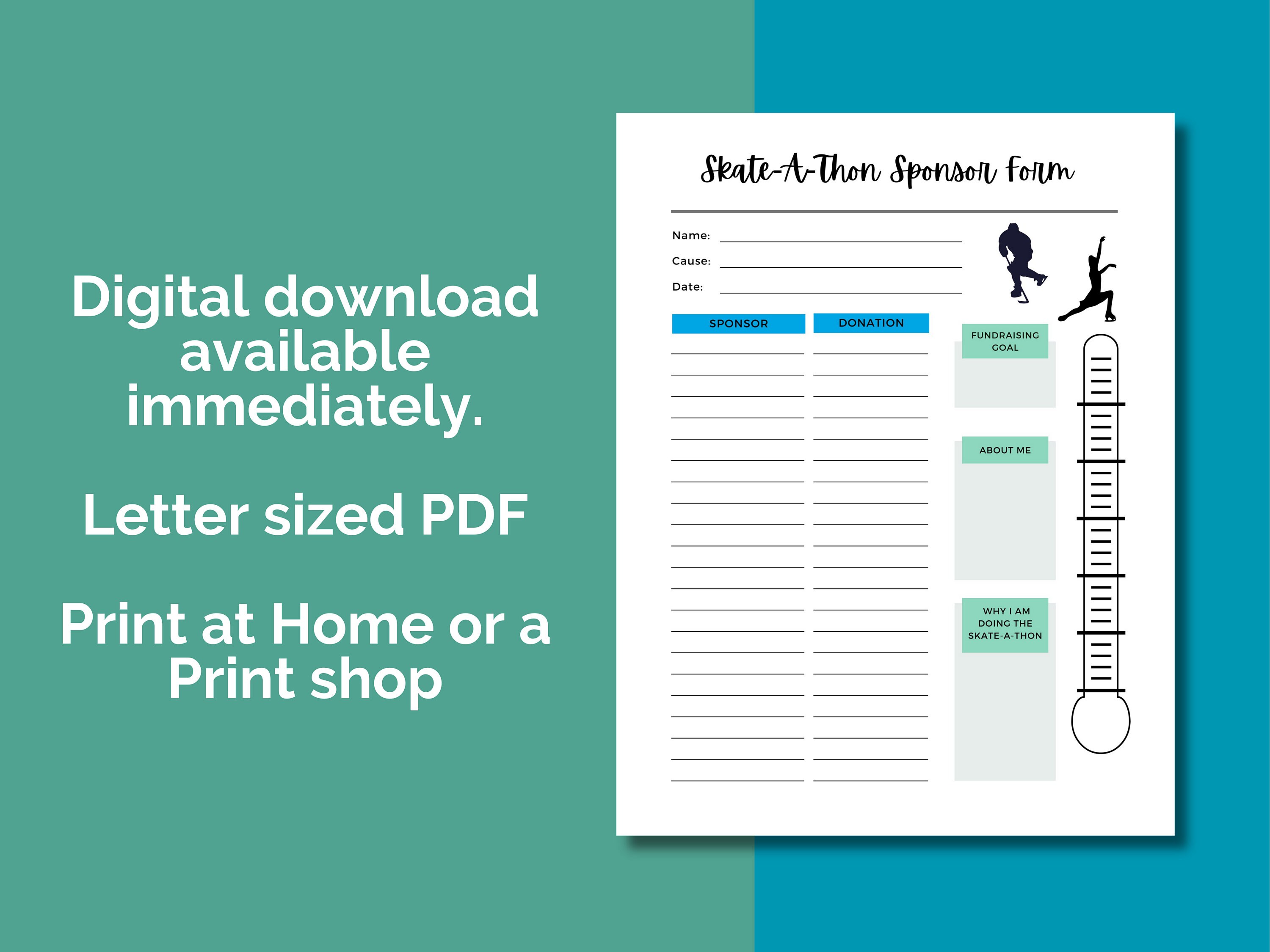 Skate-a-thon Fundraising Donor Form; Instant Download Sponsor Form - Etsy