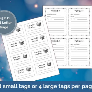Modern style blind date with a book printable labels. A printable sheet with 8 small book tags or 4 large book tags per page. The tags are black and white and feature the text 'I am in the mood for' with a stack of books. The sheet also includes 4 larger tags with the text 'Mystery Book' and space for writing the date published, genre, and first line of the book.