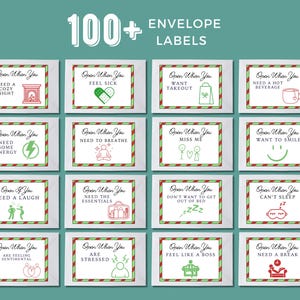 May include: A collection of 16 envelope labels with the text "Open When You" followed by various prompts like "Need a Cozy Night" and "Feel Sick." Each label has a white background, a red and green border, and a corresponding icon.