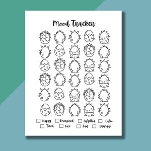 May include: A printable mood tracker with a dinosaur egg theme.  The tracker has 36 dinosaur eggs, each with a different design.  The user can color in the eggs to track their mood.  The mood options are: Happy, Energized, Fulfilled, Calm, Tired, Fine, Sad, Grumpy.