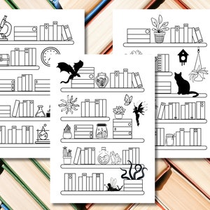 May include: Black and white line art illustrations of bookshelves with books, a microscope, a clock, a treasure chest, a dragon, a fairy, a cat, plants, and other decorative items. The image is a drawing.