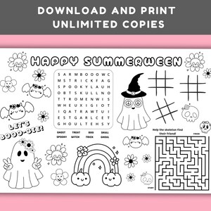 May include: Black and white printable activity sheet with the words "Happy Summerween" and "Let's Booo-gie!". Includes a word search, tic-tac-toe, a maze, and Halloween-themed illustrations like ghosts, flowers, and a rainbow.