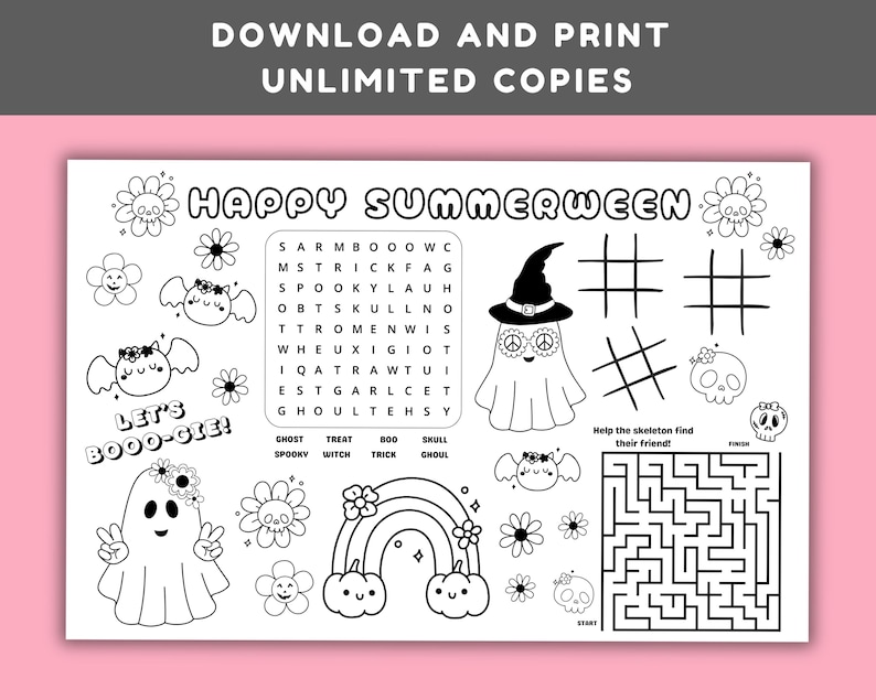 May include: Black and white printable activity sheet with the words "Happy Summerween" and "Let's Booo-gie!". Includes a word search, tic-tac-toe, a maze, and Halloween-themed illustrations like ghosts, flowers, and a rainbow.