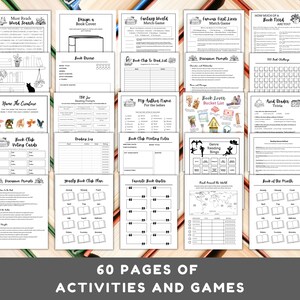 May include: A selection of 60 printable activity pages and games for book enthusiasts. The black and white pages feature word searches, book club prompts, trivia, and reading logs. The text "60 PAGES OF ACTIVITIES AND GAMES" is at the bottom.