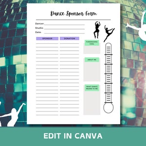 Dance Fundraiser Form Editable In Canva, Competitive Dance Team Donation Form, Sponsor my lessons, Template for Canva