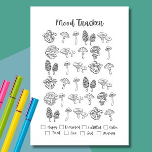 May include: Black and white printable mood tracker with mushroom illustrations. The tracker has a list of mood words: Happy, Energized, Fulfilled, Calm, Tired, Fine, Sad, Grumpy.