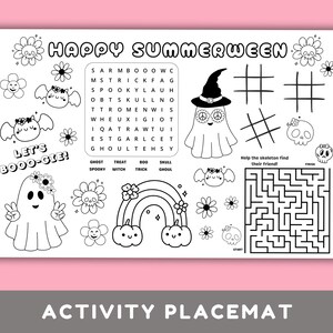 May include: Black and white activity placemat with the words "Happy Summerween" and "Let's Booo-gie!". Includes a word search, tic-tac-toe, a maze, and Halloween-themed illustrations such as ghosts, flowers, and a rainbow.