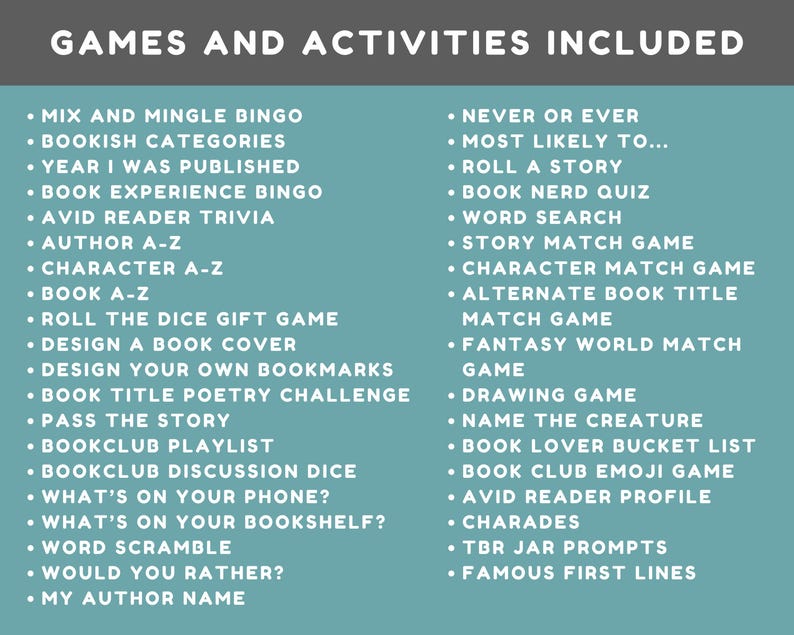 Puede incluir: Un fondo azul verdoso con una lista de juegos y actividades para clubes de lectura. La lista incluye juegos como "Bingo de mezclarse y relacionarse", "Categor&iacute;as de libros", "A&ntilde;o de publicaci&oacute;n", "Bingo de experiencia con libros", "Trivia de lector &aacute;vido", "Autor A-Z", "Personaje A-Z", "Libro A-Z", "Juego de regalo de dados", "Dise&ntilde;ar una portada de libro", "Dise&ntilde;ar tus propios marcadores", "Desaf&iacute;o de poes&iacute;a de t&iacute;tulo de libro", "Pasar la historia", "Lista de reproducci&oacute;n del club de lectura", "Dados de discusi&oacute;n del club de lectura", "&iquest;Qu&eacute; hay en tu tel&eacute;fono?", "&iquest;Qu&eacute; hay en tu estanter&iacute;a?", "Desordenar palabras", "&iquest;Preferir&iacute;as?", "Mi nombre de autor", "Nunca o siempre", "Lo m&aacute;s probable es que...", "Contar una historia", "Cuestionario de friki de los libros", "B&uacute;squeda de palabras", "Juego de coincidencia de historias", "Juego de coincidencia de personajes", "Juego de coincidencia de t&iacute;tulos de libros alternativos", "Juego de coincidencia del mundo de fantas&iacute;a", "Juego de dibujo", "Nombrar a la criatura", "Lista de deseos de los amantes de los libros", "Juego de emoji del club de lectura", "Perfil de lector &aacute;vido", "Adivinanzas", "Invitaciones al frasco TBR", y "Famosas primeras l&iacute;neas".