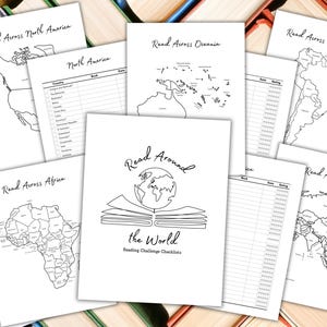 以下が含まれることがあります： 黒いテキストと線画が施された白い紙のチェックリストのコレクションです。「Read Around the World」と様々な大陸の「Read Across」というタイトルが付いています。画像には地図と本のタイトルや評価を記録するためのスペースが含まれています。