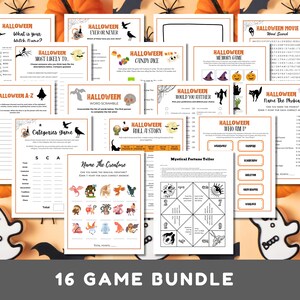 May include: A set of 16 printable Halloween party games. The games include "What is your Witch Name?", "Most Likely To", "Halloween A-Z", "Categories Game", "Ever or Never", "Candy Dice", "Memory Game", "Word Scramble", "Roll a Story", "Would You Rather", "Who Am I?", "Name the Phobia", "Name the Creature", "Mystical Fortune Teller", and "Halloween Movie Word Search".