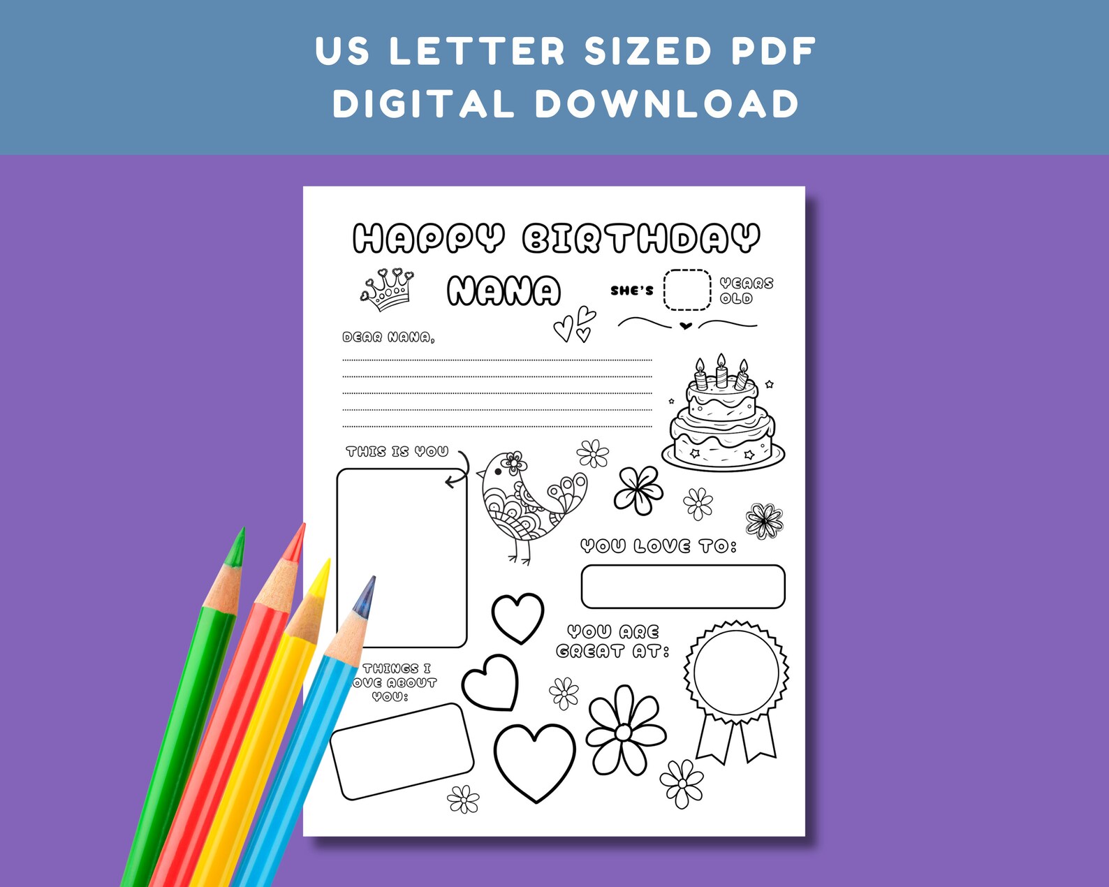 Happy Birthday Nana Coloring Page Instant Download Etsy