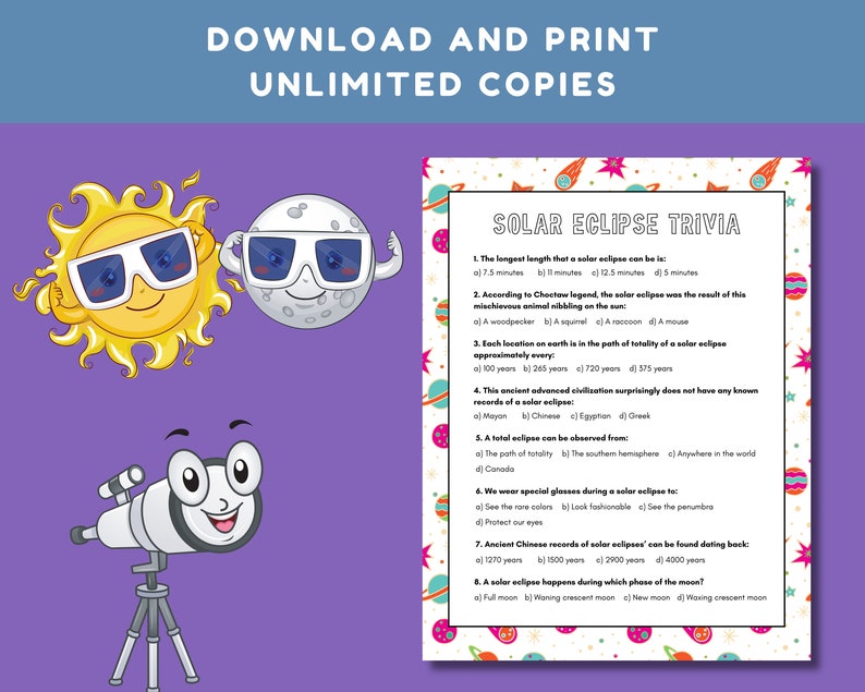 Solar Eclipse Trivia Game Instant Download, Space trivia for older kids, teens, adults and seniors image 5