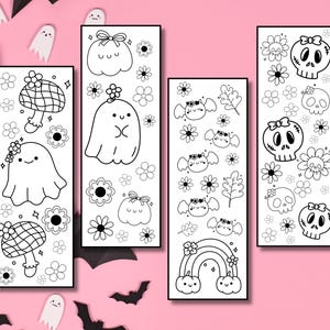 Könnte beinhalten: Vier schwarz-weiße Lesezeichen zum Thema Halloween. Jedes Lesezeichen zeigt ein anderes Design, darunter Geister, Pilze, Totenköpfe, Blumen und Regenbogen. Die Illustrationen sind in Schwarz auf weißem Hintergrund umrandet.