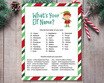 Gioco rompighiaccio per le feste con il nome dell'elfo: divertente festa di Natale stampabile (A4, formato US, download digitale)