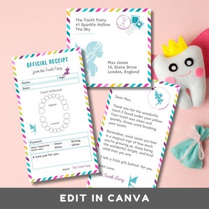 Carta y recibo editables para el Hada de los Dientes, plantilla editable para Canva, correo imprimible para el Hada de los Dientes, descarga instantánea