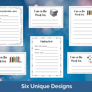Six printable Blind Date with a Book Labels with different designs. The cards have a white background with black text and illustrations. The text on the printable labels includes categories to describe the book: 'Blind Date with a Book', 'I am in the Mood for', 'Mystery Book', 'Date Published', 'Genre', 'Quote', 'First Line'. Use for Mystery Book or Blind Date with a Book Gifts
