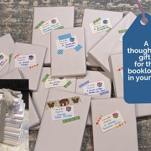 A stack of wrapped books with colorful labels that say 'I am in the mood for...' followed by a book genre. The Blind Date with a Book gift labels were used for a creative Book Advent Calendar Gift. A thoughtful gift for the booklover in your life.