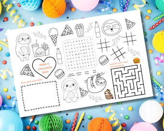 Sloth kids coloring activity mat, birthday placemat, kids restaurant activity placemat, instant download