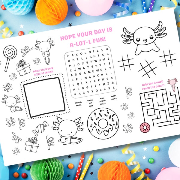 Axolotl Coloring Activity Mat, Axolotl Everyday Restaurant Placemat Instant Download, Axolotl Birthday Party coloring placemat