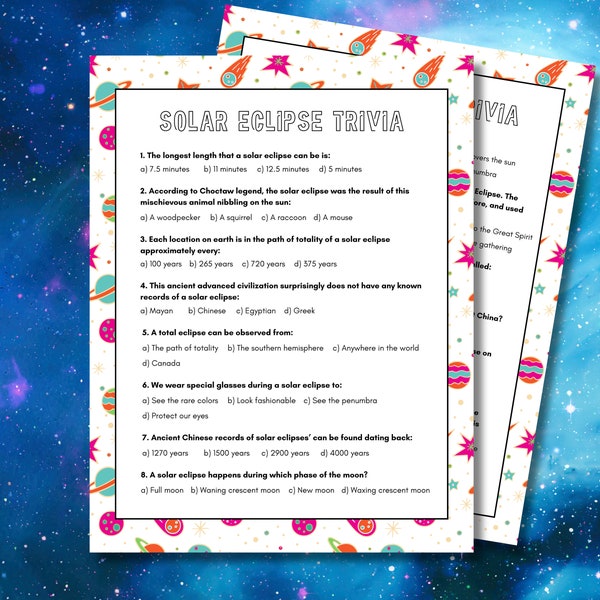 Solar Eclipse Trivia Game Instant Download, Space trivia for older kids, teens, adults and seniors