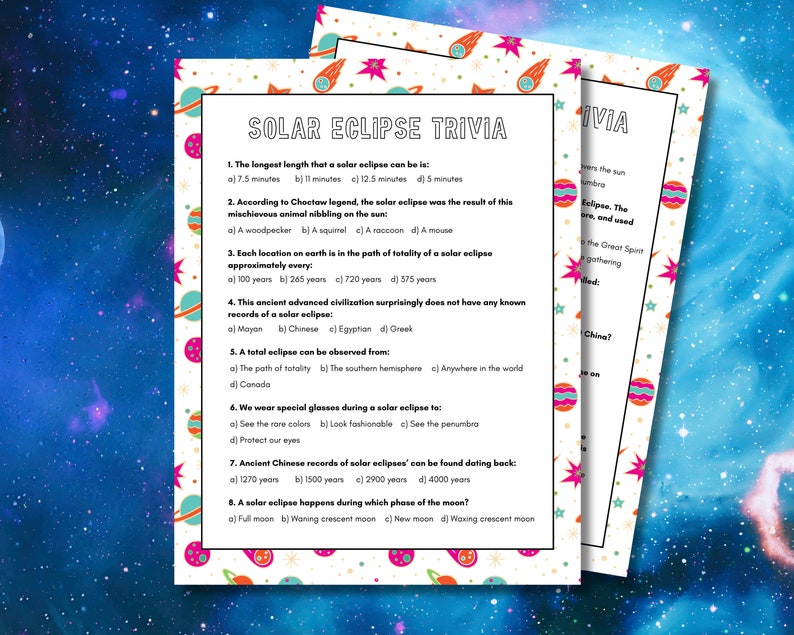 Solar Eclipse Trivia Game Instant Download, Space trivia for older kids, teens, adults and seniors image 1