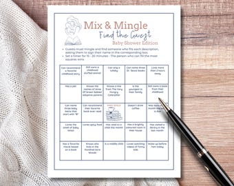 Gioco del bingo per baby shower "Mix and Mingle"; Attività "Trova l'ospite"; Gioco per baby shower "Book Lover"; Formato lettera USA, A4 e 5x7