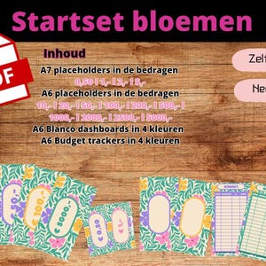 Op de afbeelding: Een downloadbare PDF om te printen voor een budgetplannerset in het Nederlands. De set bevat A7-plaatsaanduidingen voor bedragen zoals 0,50, 1, 1,2 en 1,5, A6-plaatsaanduidingen voor bedragen zoals 10, 20, 150, 100, 1200, 1500, 1000, 2000, 2500 en 5000, A6 Blanco dashboards in 4 kleuren en A6 budgettrackers in 4 kleuren.