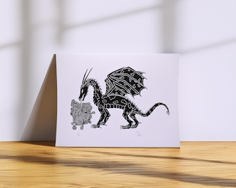Fire Breathing Dragon Linocut Print | Original Hand Carved Fantasy Art | Mythical Creature Wall Decor | Medieval Inspired