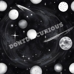 May include: A black and white illustration of a galaxy with planets, stars, and a ringed planet. The illustration is drawn on a black background.