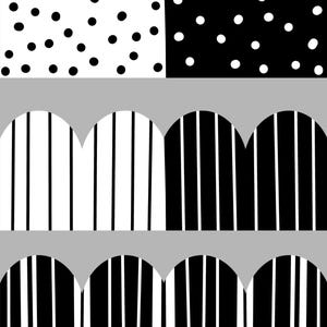 May include: Abstract pattern featuring cloud-shaped designs in black and white. The top row has polka dots, the middle and bottom rows have vertical stripes. The background is a solid grey colour.
