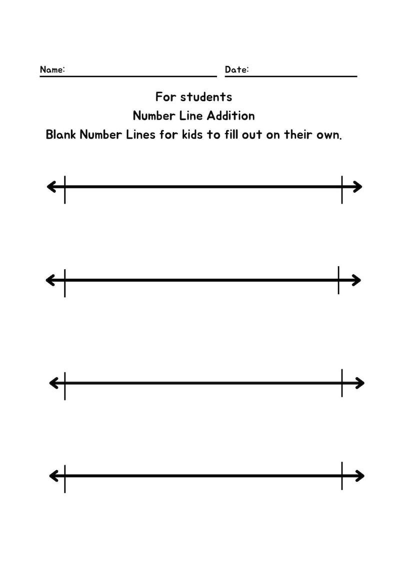 May include: Four blank number lines with arrows at each end.  The number lines are for students to use for number line addition.