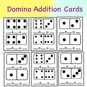 以下が含まれることがあります： 白地のドミノに黒い点が付いたドミノの足し算カード。各カードには、ドミノの下に足し算の問題があります。「Domino Addition Cards」というテキストが上部に紫で表示されています。